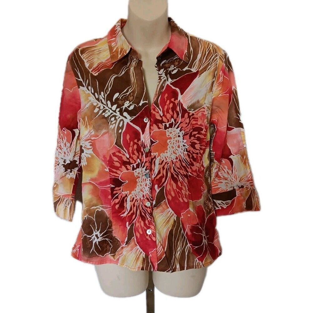Caribbean Joe Tropical Woman's Med 3/4 Sleeves 100% Cotton Button Down Top